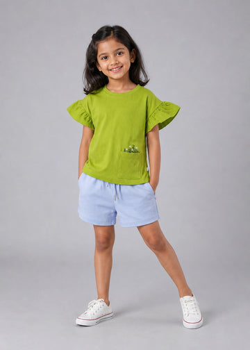 Kid Girls Tees with pocket embroidery - Mehanti green