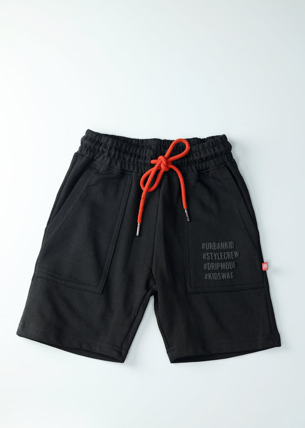 KID BOYS COTTON SHORTS WITH HASHTAG PRINTS -  BLACK