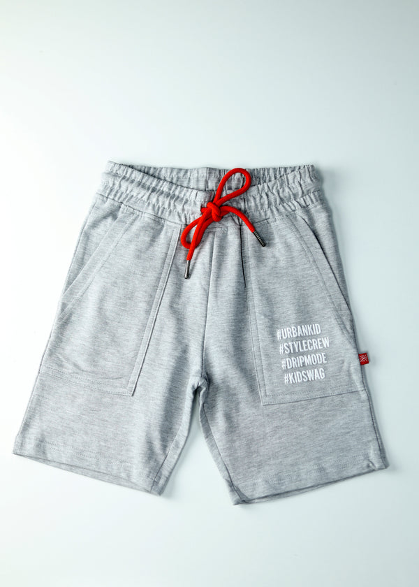 Kid Boys Cotton Shorts With Hashtag Prints - Grey Mel