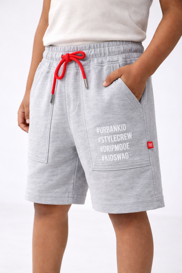 Kid Boys Cotton Shorts With Hashtag Prints - Grey Mel