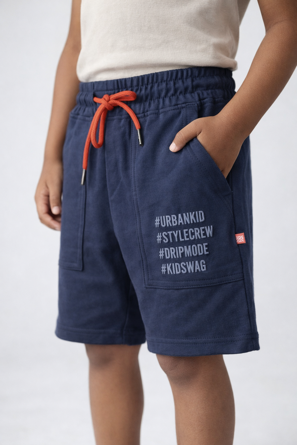 KID BOYS COTTON SHORTS WITH HASHTAG PRINTS - NAVY