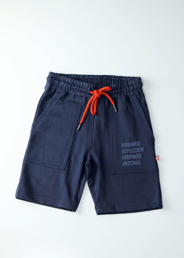 KID BOYS COTTON SHORTS WITH HASHTAG PRINTS - NAVY
