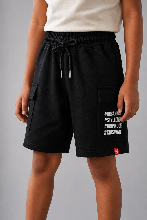 Kid Boys Cargo shorts with Hashtag prints - Black