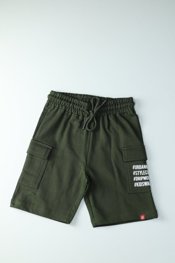 Kid Boys Cargo Shorts with Hashtag prints - Olive