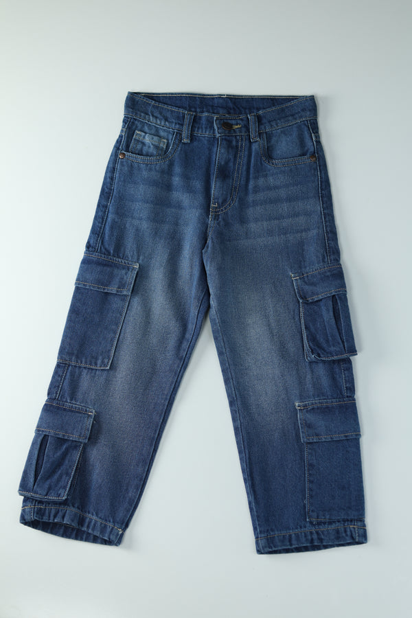 Kid Boys Cargo Denim Jeans - Med.Wash