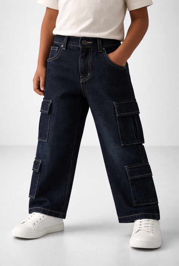 Kid Boys Cargo Denim Jeans - Rinse Wash