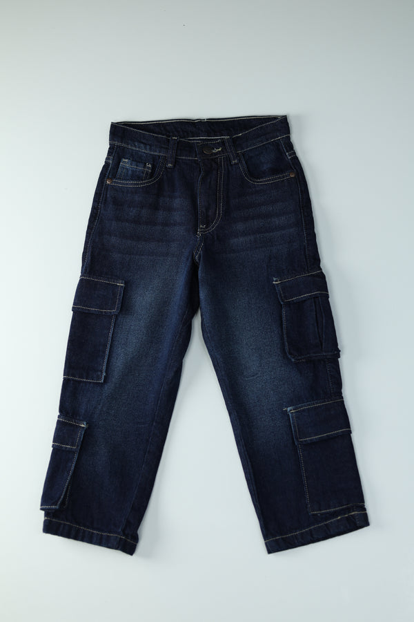 Kid Boys Cargo Denim Jeans - Rinse Wash