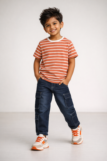 Kids Orange cotton Striped Tees