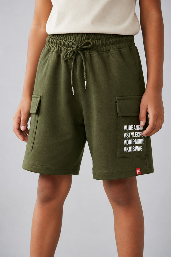 Kid Boys Cargo Shorts with Hashtag prints - Olive