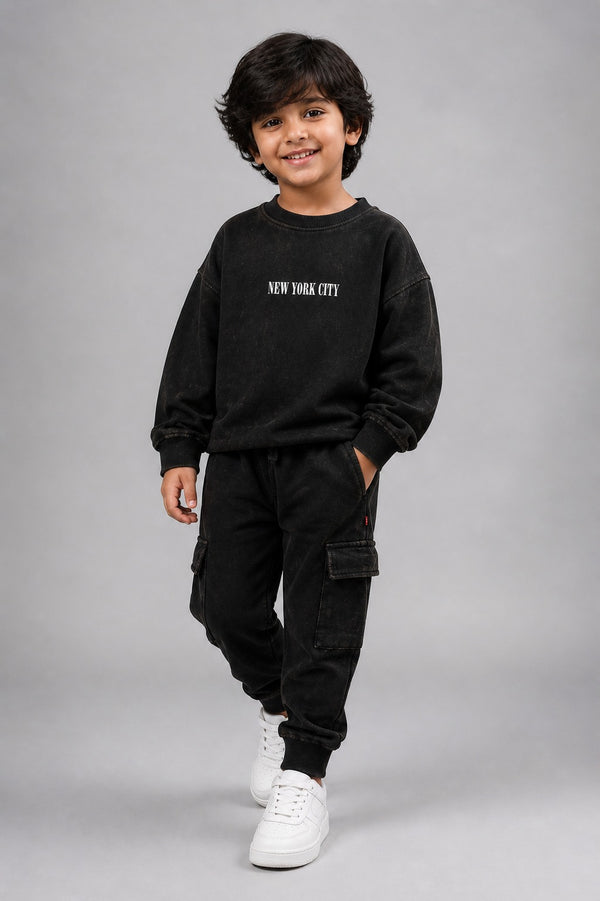 Kid Boys Acid Wash Co-ord Set - Black