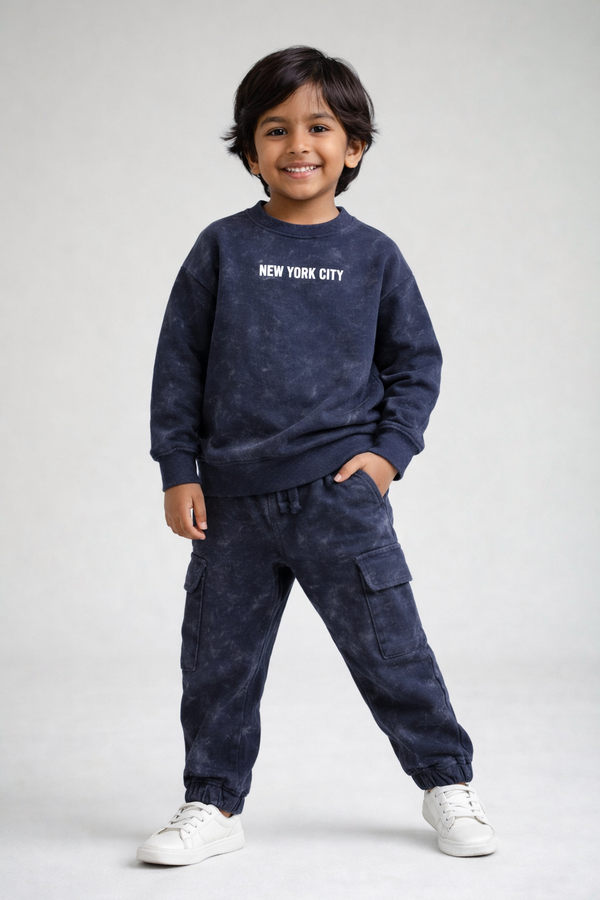 Kid Boys Acid Wash Co-ord Set - Navy