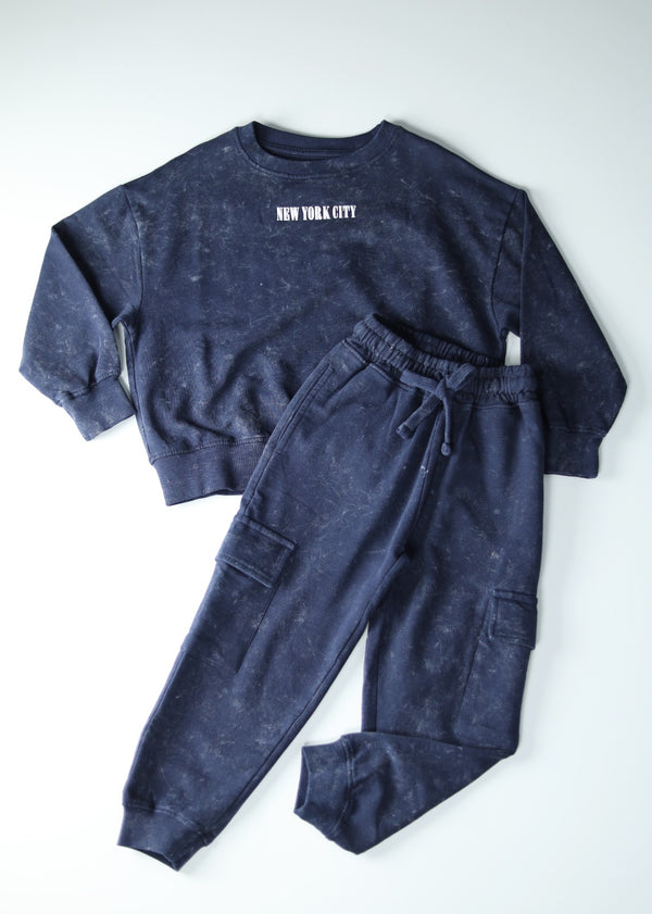 Kid Boys Acid Wash Co-ord Set - Navy