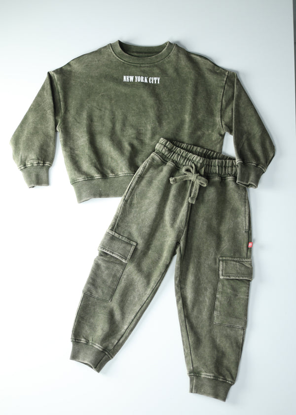 Kid Boys Acid Wash Co-ord Set - Olive