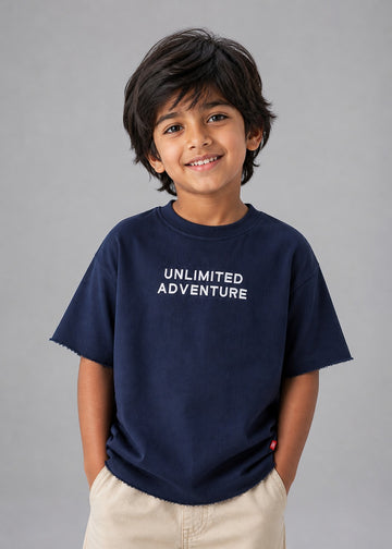 Kid Boys Oversized Tees with Embroidery - Navy
