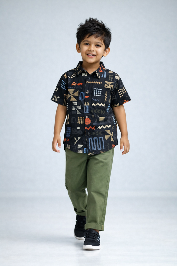 KID BOYS ABSTRACT PRINT SHIRT - BLACK