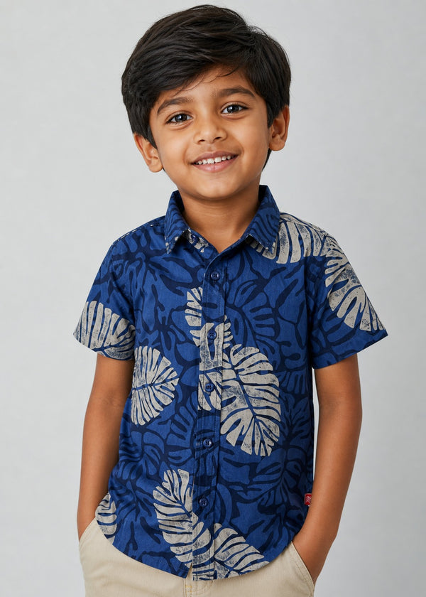 Kid Boys Tropical Print Shirt - Blue