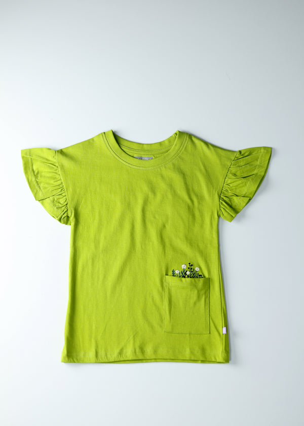 Kid Girls Tees with pocket embroidery - Mehanti green