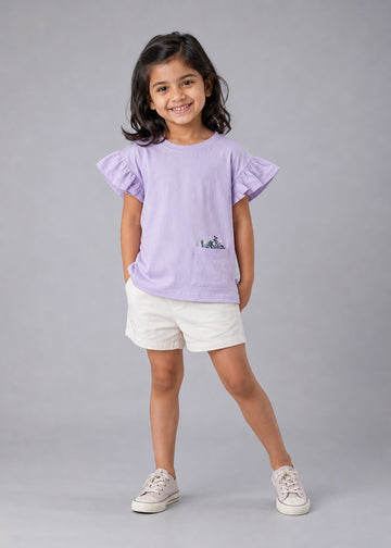 Kid Girls Tees with pocket Embroidery - Lavender