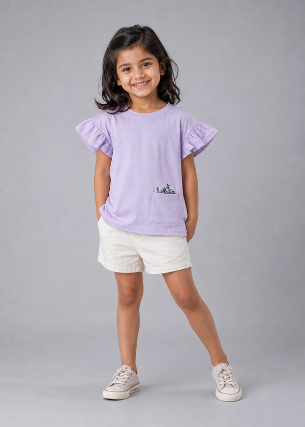 Kid Girls Tees with pocket Embroidery - Lavender
