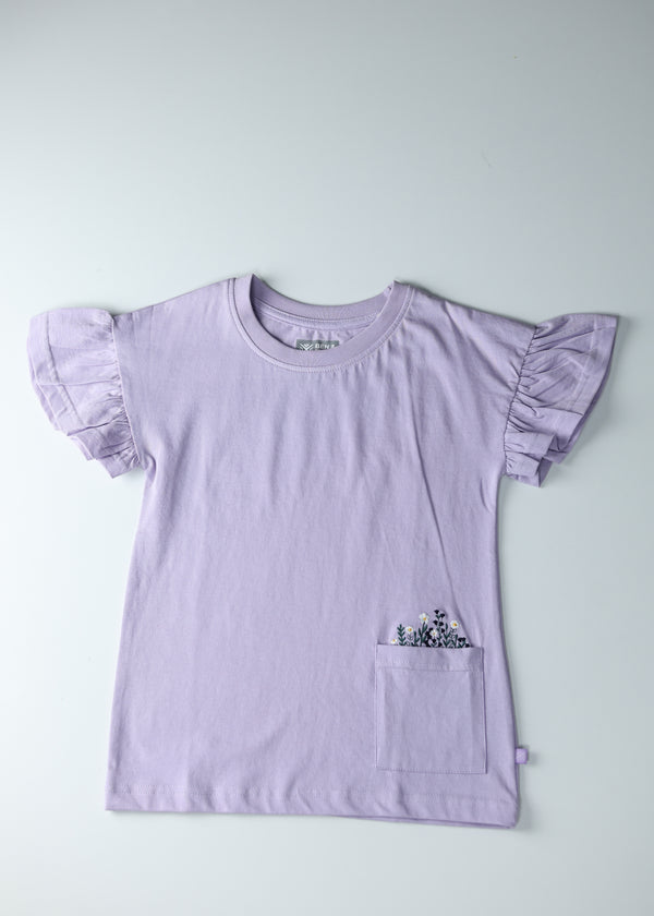 Kid Girls Tees with pocket Embroidery - Lavender