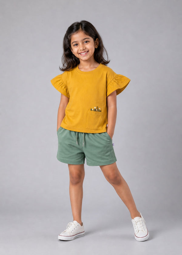 Kid Girls Tees with pocket embroidery - Mustard