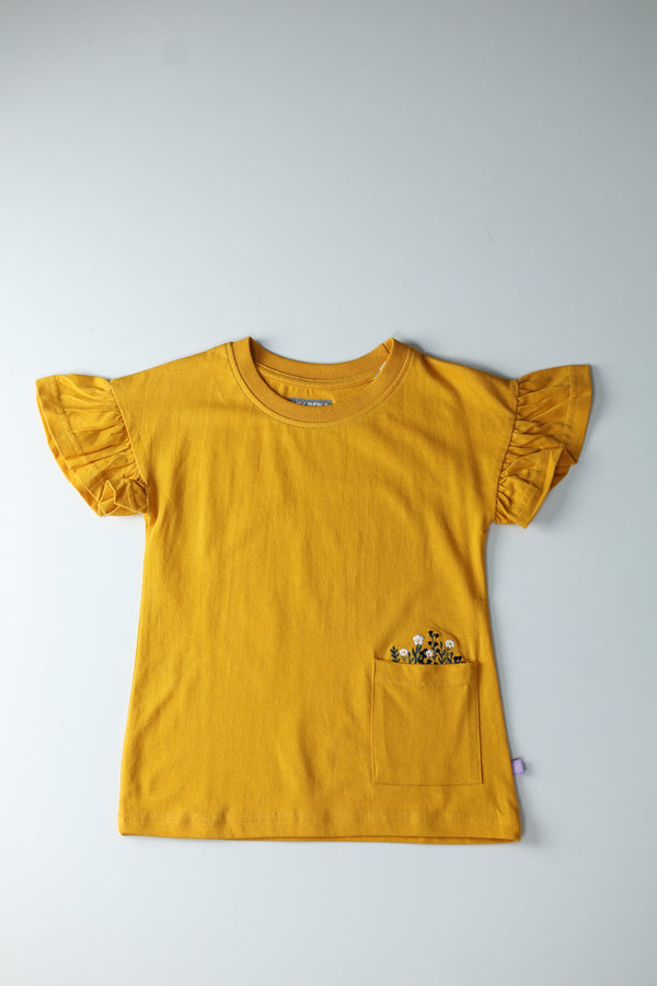 Kid Girls Tees with pocket embroidery - Mustard