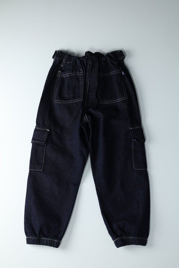 Kid Girls Denim Cargo Joggers with self belt - Rinse Wash