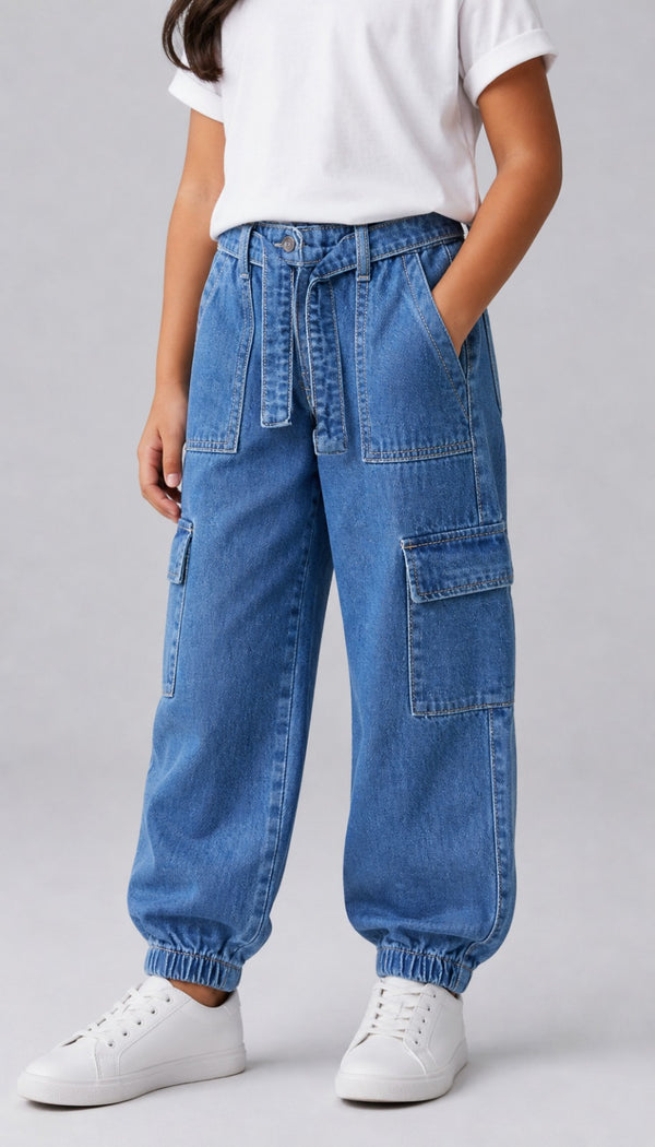 Kid Girls Denim Cargo Joggers with self belt - Med.Wash