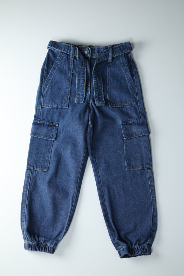Kid Girls Denim Cargo Joggers with self belt - Med.Wash
