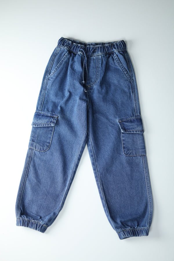 Kid Girls Denim Cargo Joggers - Lt.Wash