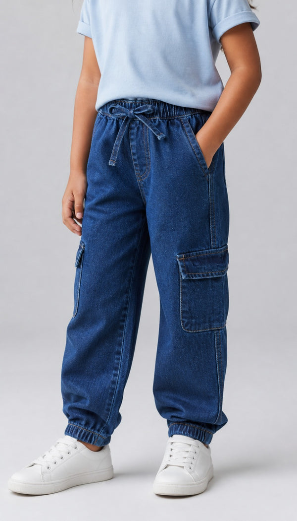 Kid Girls Denim Cargo Joggers - Med.Wash