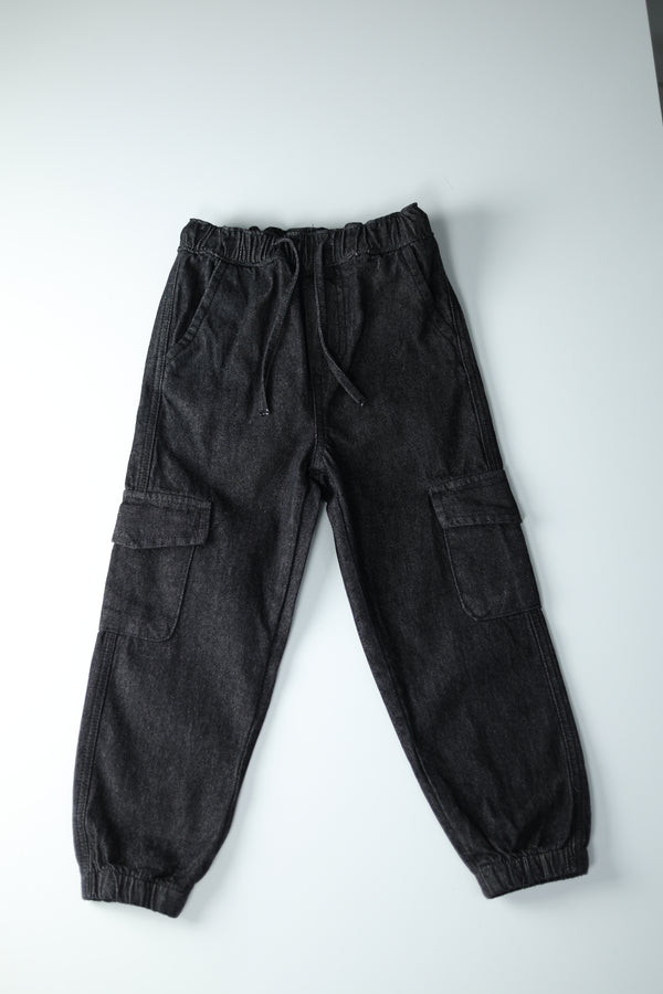 Kid Girls Denim Cargo Joggers - Black