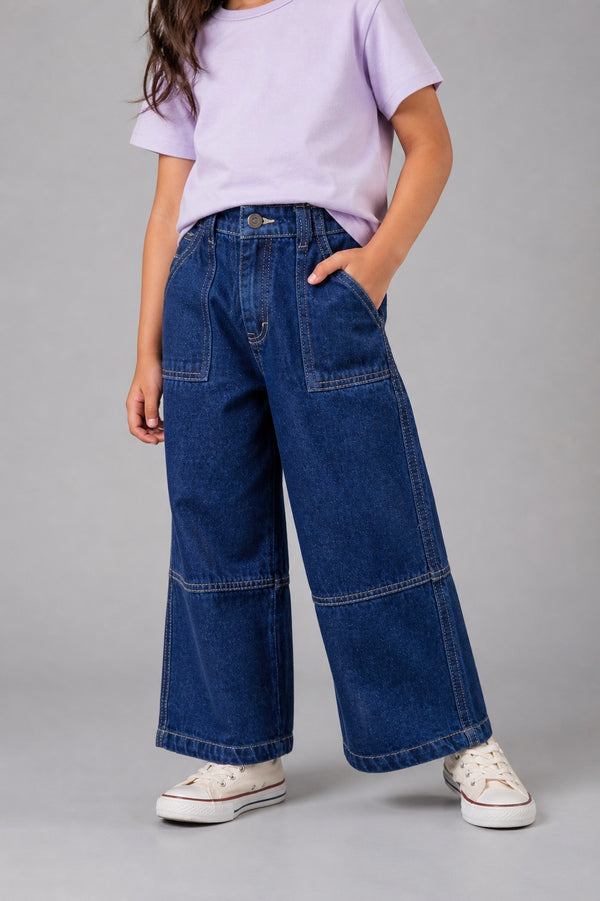 Kid Girls Wide Leg Denim Jeans - Med.Wash