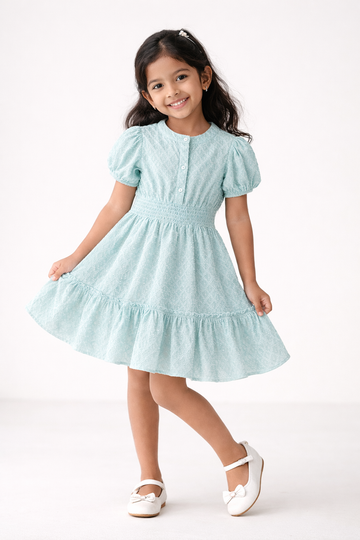 Kid Girls Dress in Textured Fabric - Blue