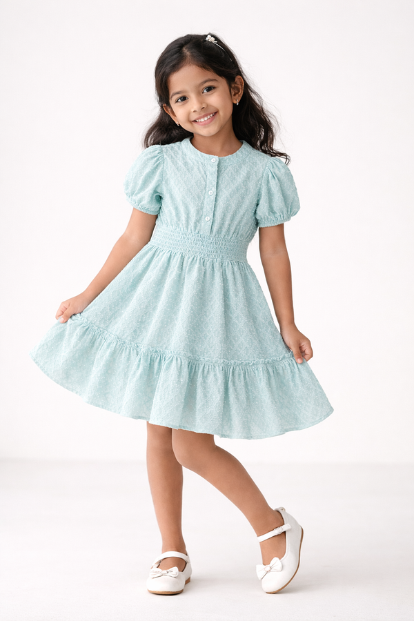 Kid Girls Dress in Textured Fabric - Blue