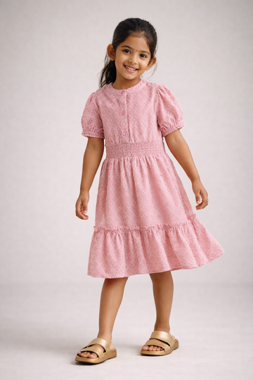 Kid Girls Dress in Textured Fabric - Pink
