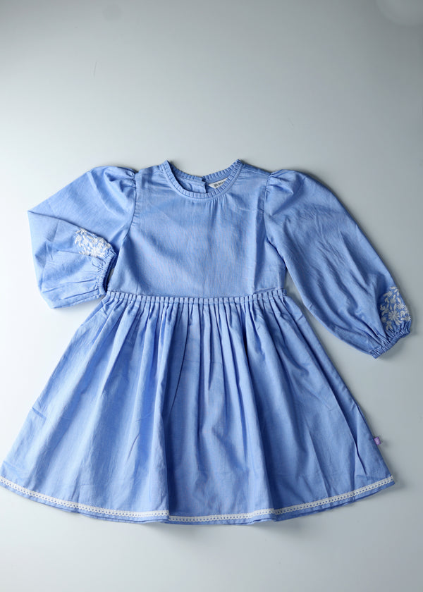 Kid Girls Embroidered Puff Sleeve Dress - Blue