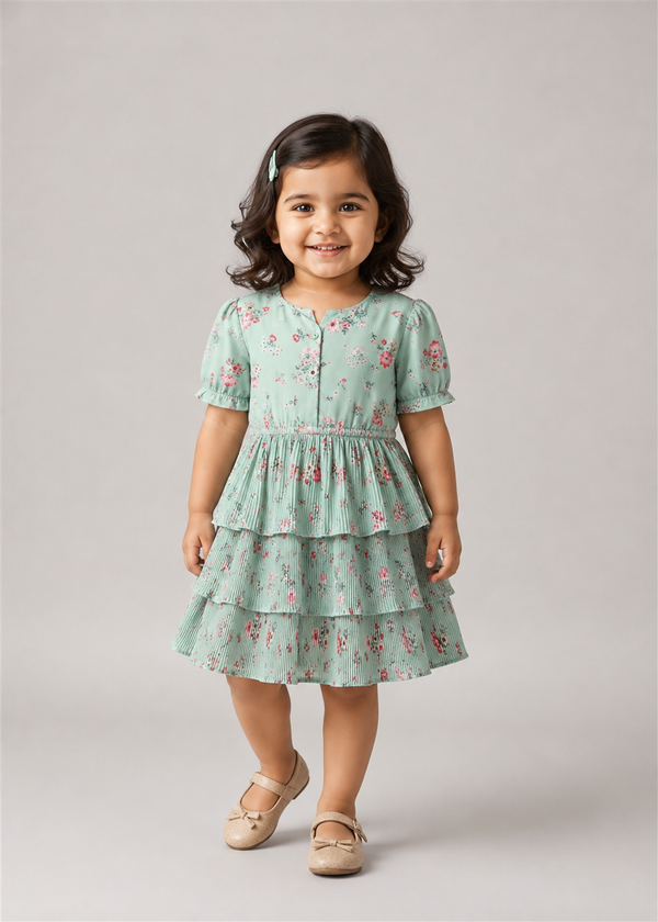 Baby Girl floral tiered Dress - Green