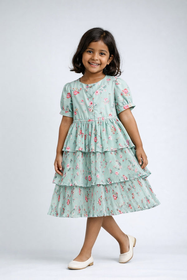 Kid Girls floral tiered  Dress - Green