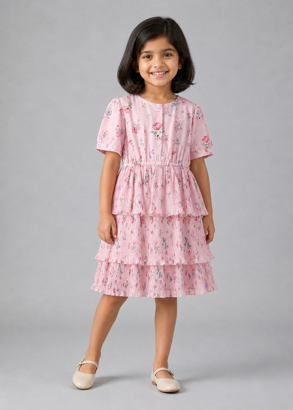 Kid Girls floral tiered Dress - Pink