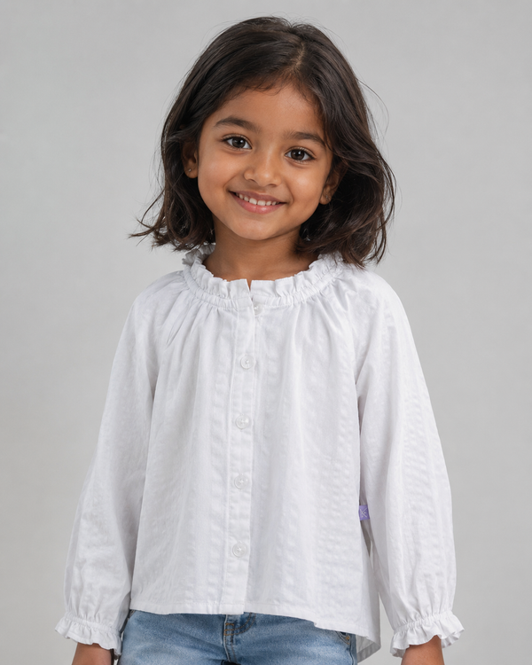 Kid Girls Neck Woven Top - White