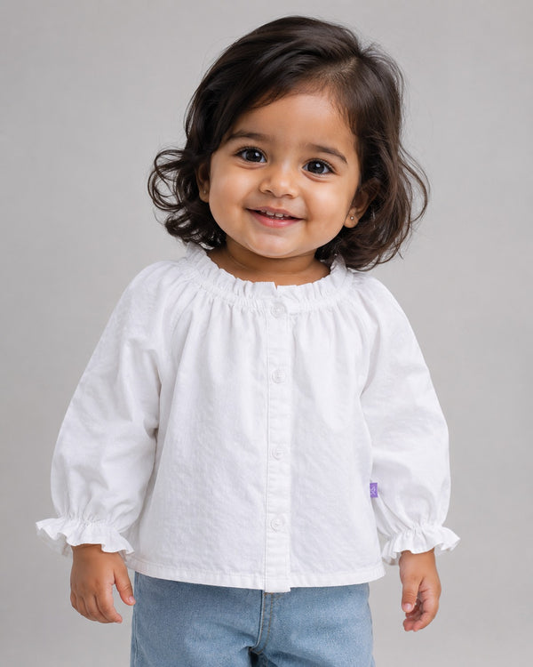 Baby Girl ruffle neck Top - White