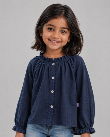 Kid Girls Neck Woven Top - Navy