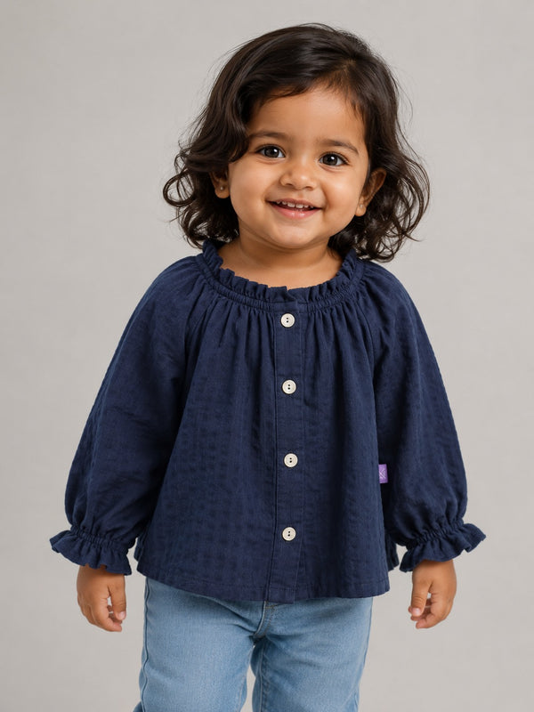 Baby Girl ruffle neck Top - Navy