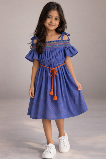 Kid Girls Off-Shoulder Dress - Blue