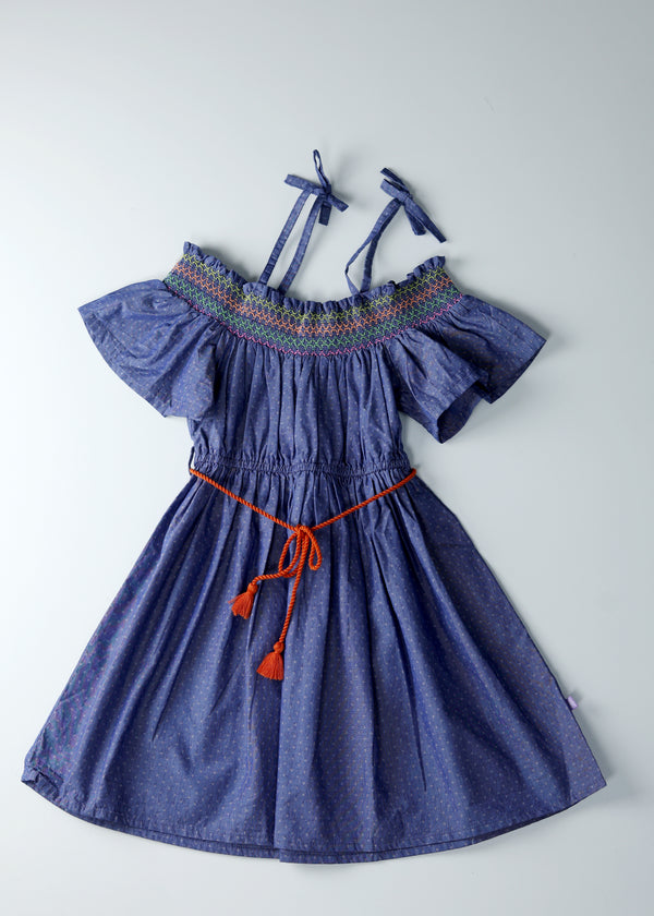 Kid Girls Off-Shoulder Dress - Blue