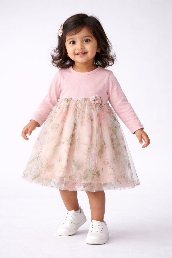 Baby Girl floral mesh Dress - Peach
