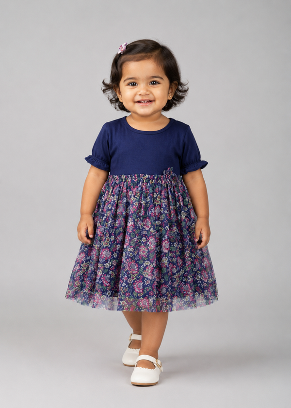 Baby Girl floral fit and flare Dress - Navy