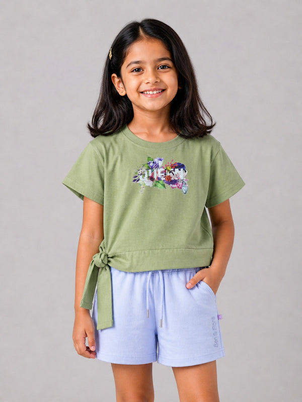 Kid Girls Boxy/Crop Tie-Up Tees - Lt.Olive