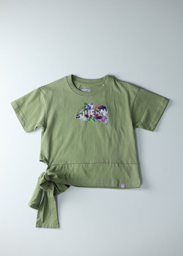 Kid Girls Boxy/Crop Tie-Up Tees - Lt.Olive